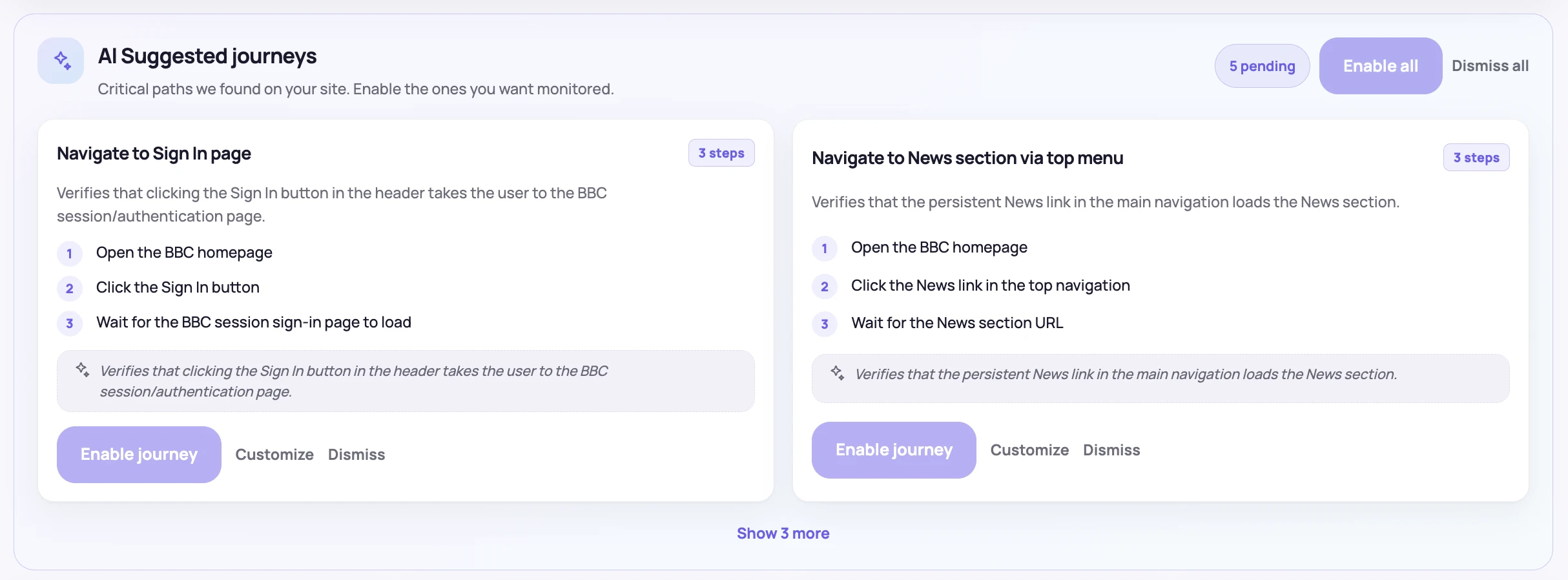 NorthDuty AI suggested flows screen showing ecommerce journey recommendations with steps and enable monitoring buttons.