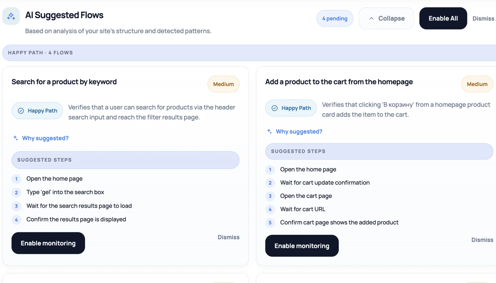 NorthDuty AI suggested flows screen showing ecommerce journey recommendations with steps and enable monitoring buttons.