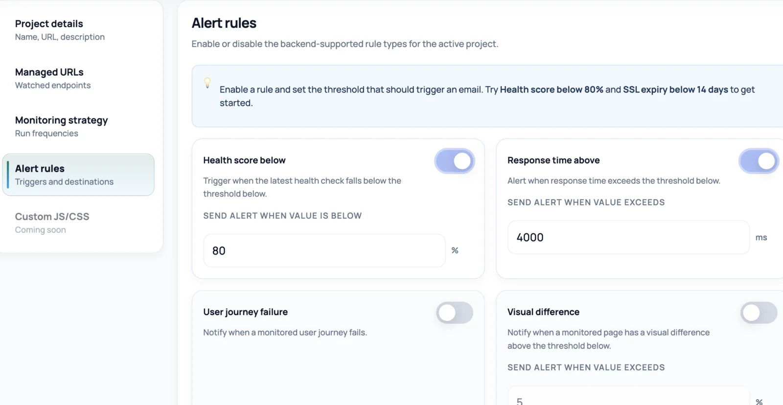 NorthDuty alert rules screen showing health score, response time, user journey failure, visual difference, and SSL expiry thresholds.