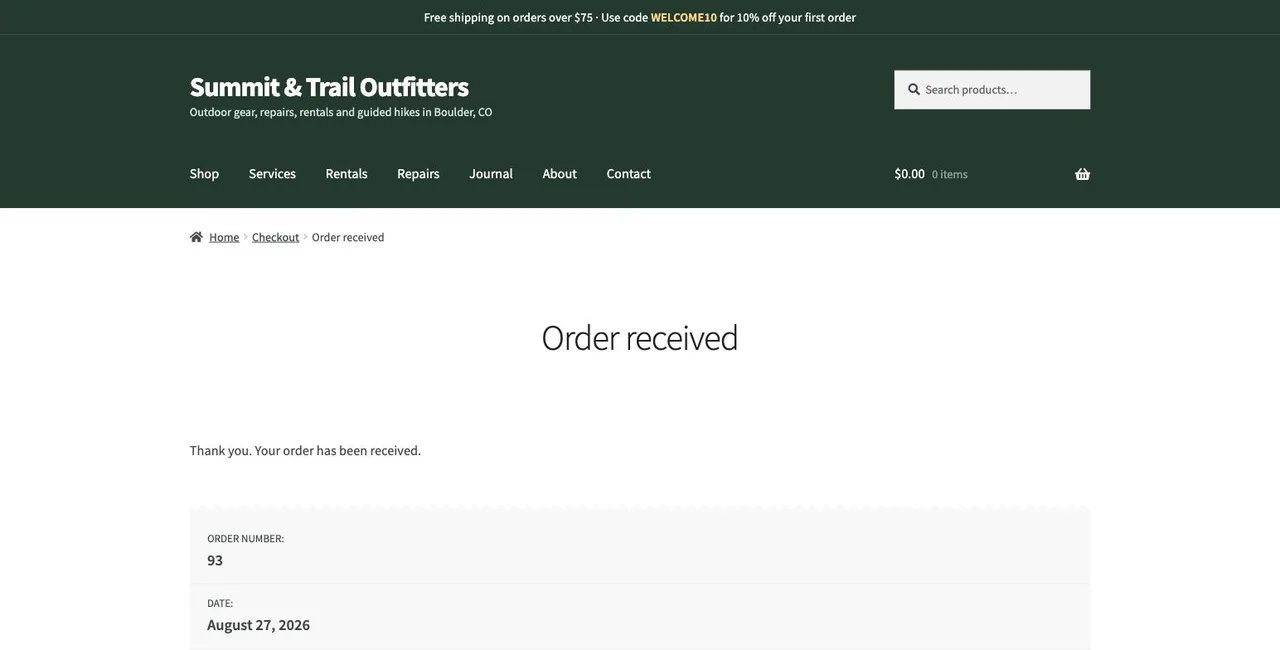Demo store order received confirmation page with order number, reached at the end of a monitored checkout journey.
