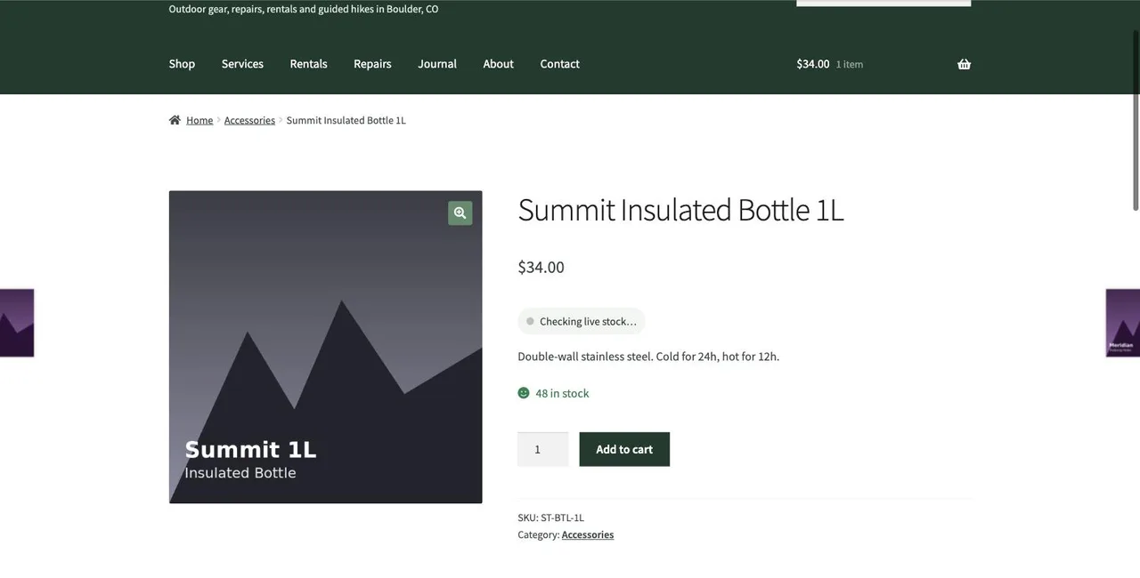 Demo store product page for Summit Insulated Bottle 1L showing price, live stock badge, and add to cart button during a monitored checkout journey.