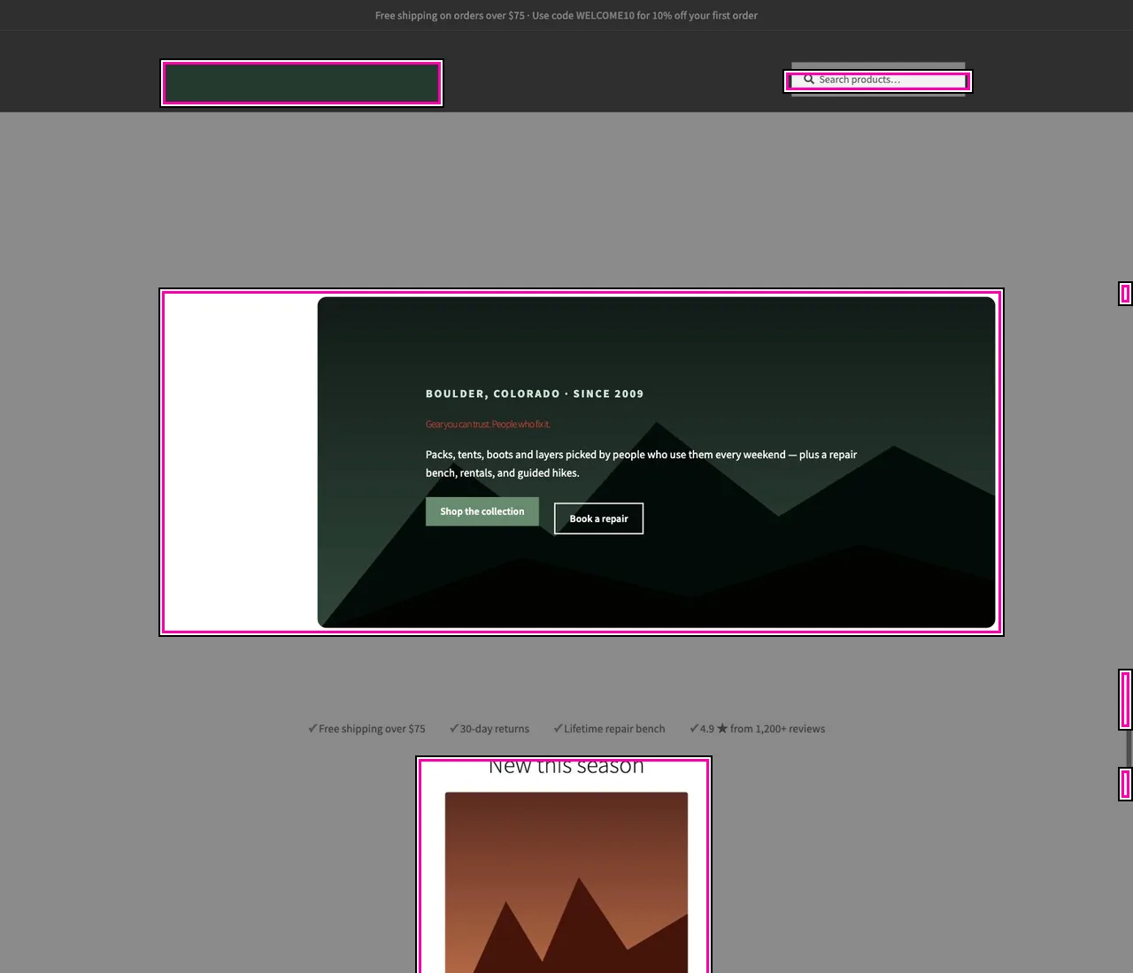 NorthDuty visual diff of the demo store homepage with changed regions outlined over a dimmed baseline capture.