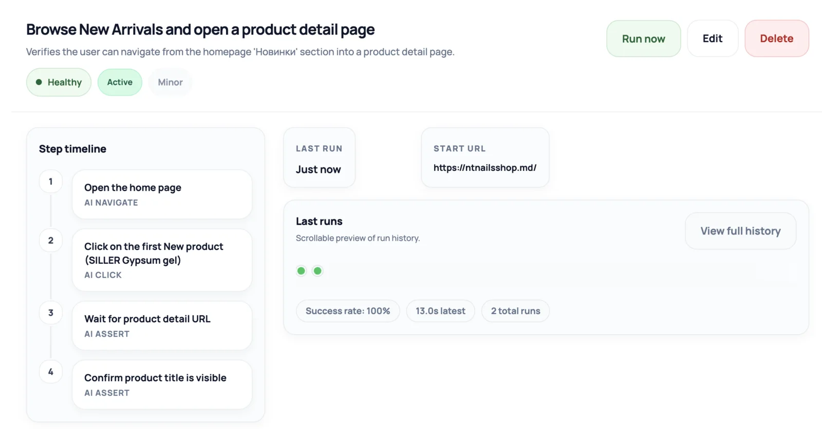 NorthDuty user journey monitoring detail screen showing a healthy product detail page journey with step timeline and 100% success rate.