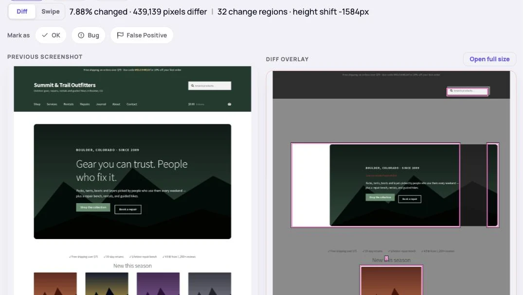 NorthDuty visual diff highlighting changed regions on a store homepage